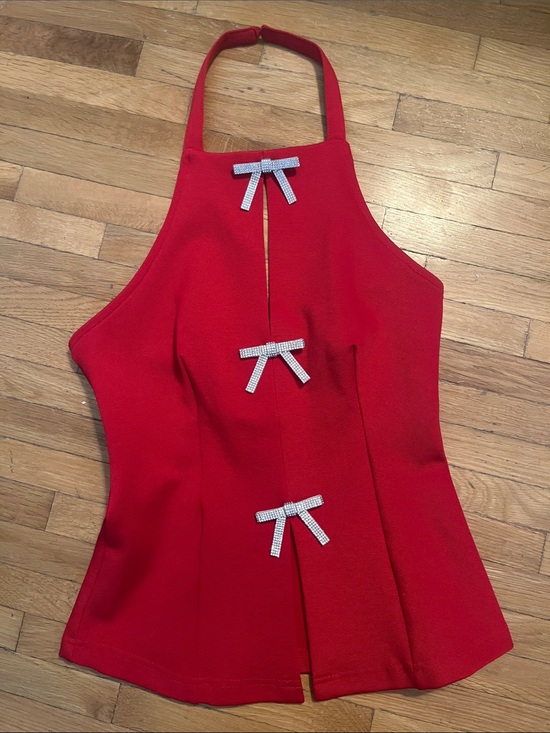 Maeve Tops - Anthropologie Red Halter Dress with Rhinestone Bows